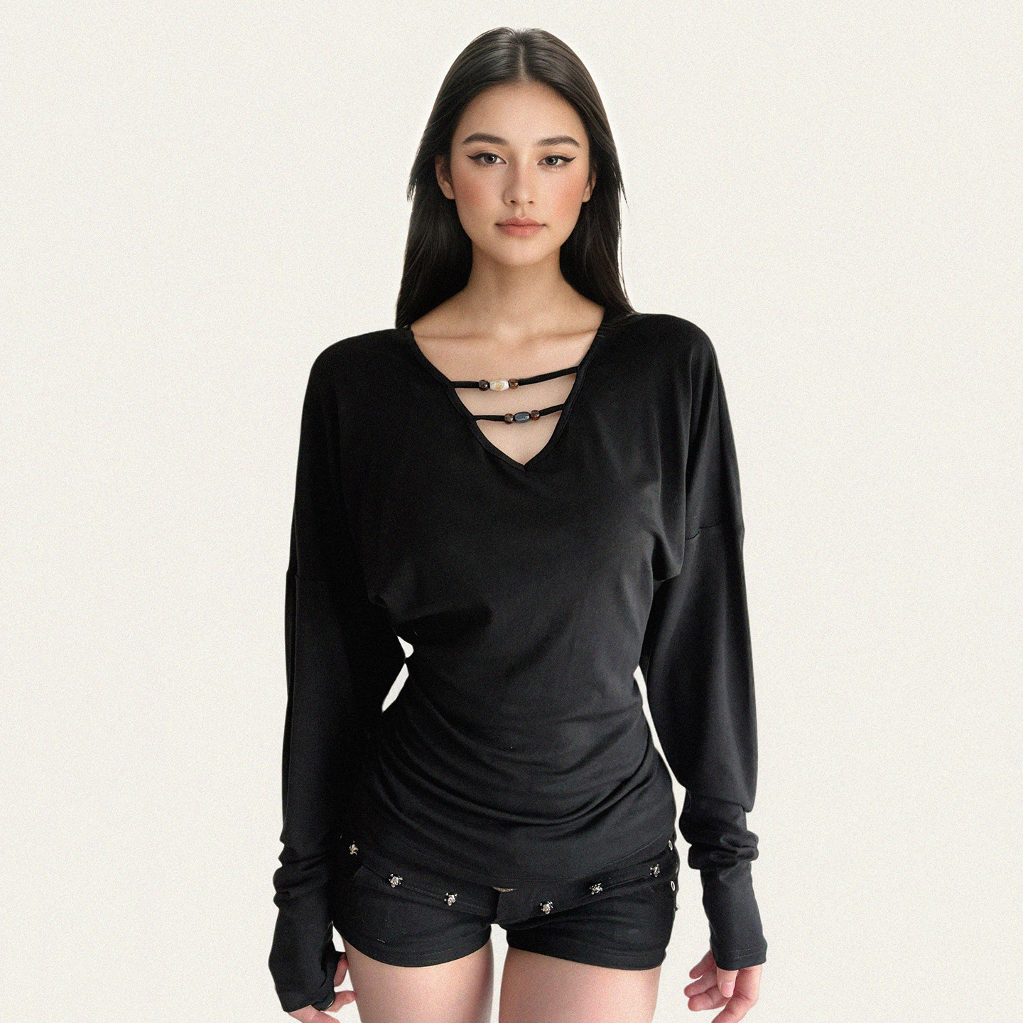美式复古黑色V领低胸串珠长袖T恤
