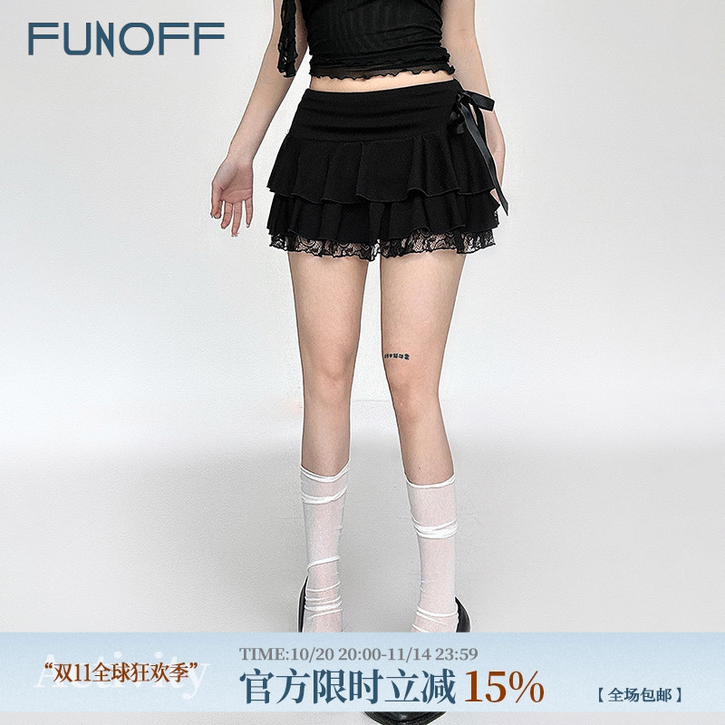 纯色蝴蝶结拼接蕾丝蛋糕半身短裙