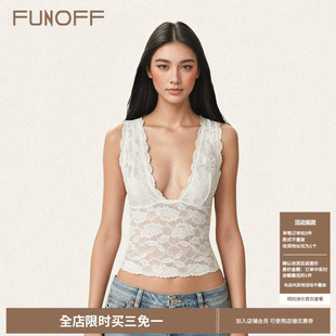 FUNOFF 复古白色蕾丝低胸吊带背心性感黑色透视露背内搭上衣 法式