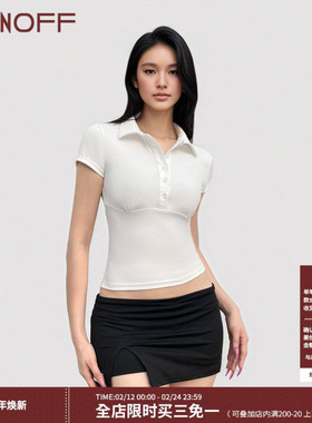 FUNOFF 美式基础白色POLO领收腰短袖衬衫简约黑色排扣翻领T恤上衣