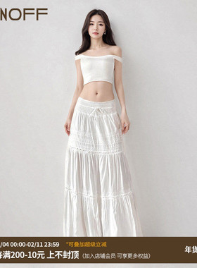 FUNOFF 度假风蕾丝拼接绑带白色百搭长裙温柔海边穿搭大摆半身裙
