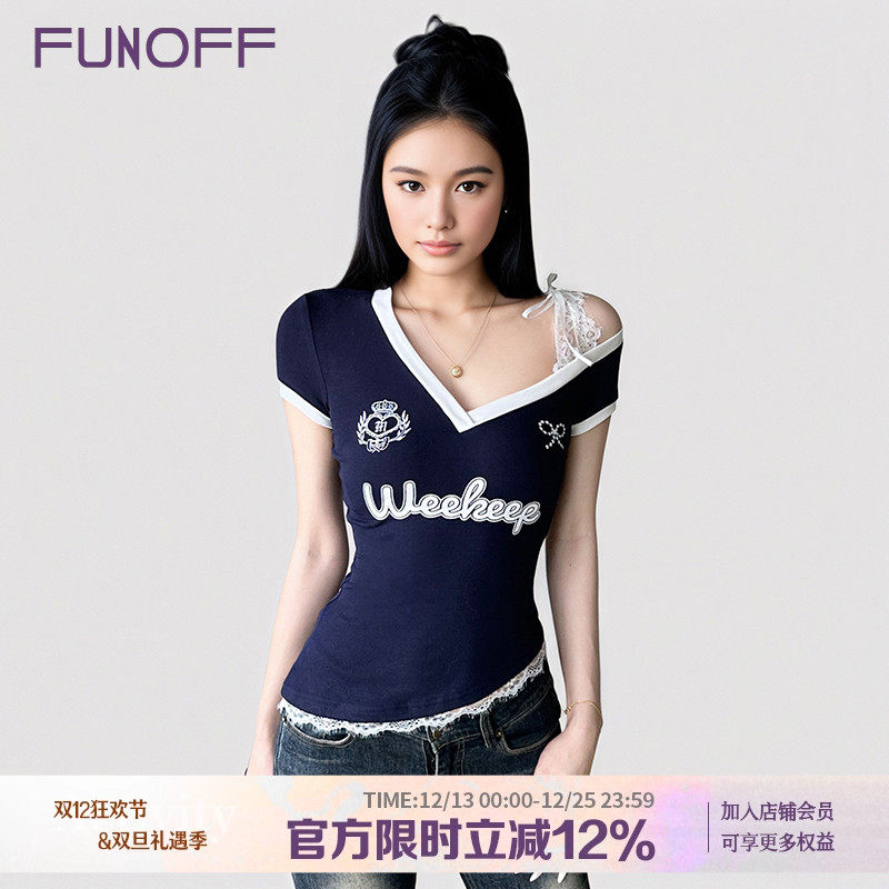 美式复古字母印花蕾丝斜肩短袖T