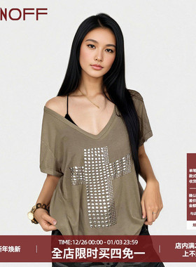 FUNOFF 美式街头V领烫铜十字架斜肩短袖T恤复古亚文化宽松上衣夏