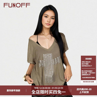 T恤复古亚文化宽松上衣夏 街头V领烫铜十字架斜肩短袖 FUNOFF 美式