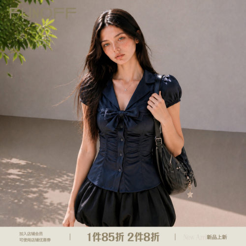 美式bm蓝色蝴蝶结低胸泡泡袖衬衫