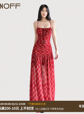 FUNOFF 美式复古红色格纹收腰吊带连衣裙2025夏性感露背显瘦长裙