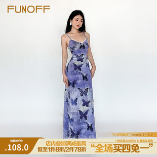 FUNOFF 紫色蝴蝶印花蕾丝拼接吊带连衣裙晕染褶皱收腰长裙女夏季