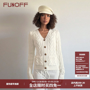 FUNOFF美式 2025秋冬正肩收腰毛织上衣 简约米白色麻花纽扣毛衣开衫