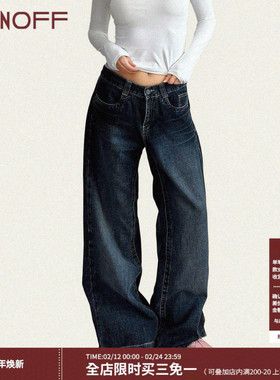 FUNOFF 美式复古蓝色磨白低腰直筒牛仔裤基础简约显瘦休闲长裤女