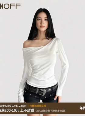 FUNOFF 美式简约白色斜肩荡领长袖T恤秋不规则露肩收腰百搭上衣女