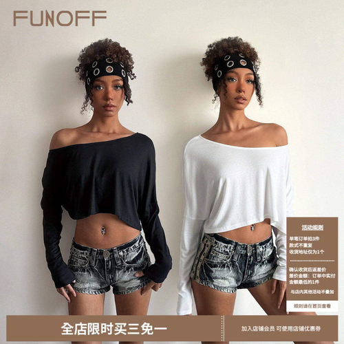 简约黑色圆领斜肩露脐长袖T恤女