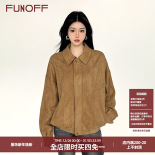 FUNOFF美式 复古棕色麂皮绒宽松夹克外套2025秋冬翻领宽松拉链上衣