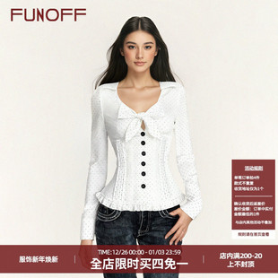 性感低胸收腰花边上衣 衬衫 FUNOFF法式 复古白色波点蝴蝶结镂空长袖
