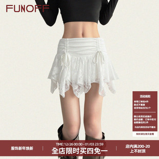 FUNOFF 复古蕾丝拼接绑带不规则半身裙少女感bm风白色短裙女 法式
