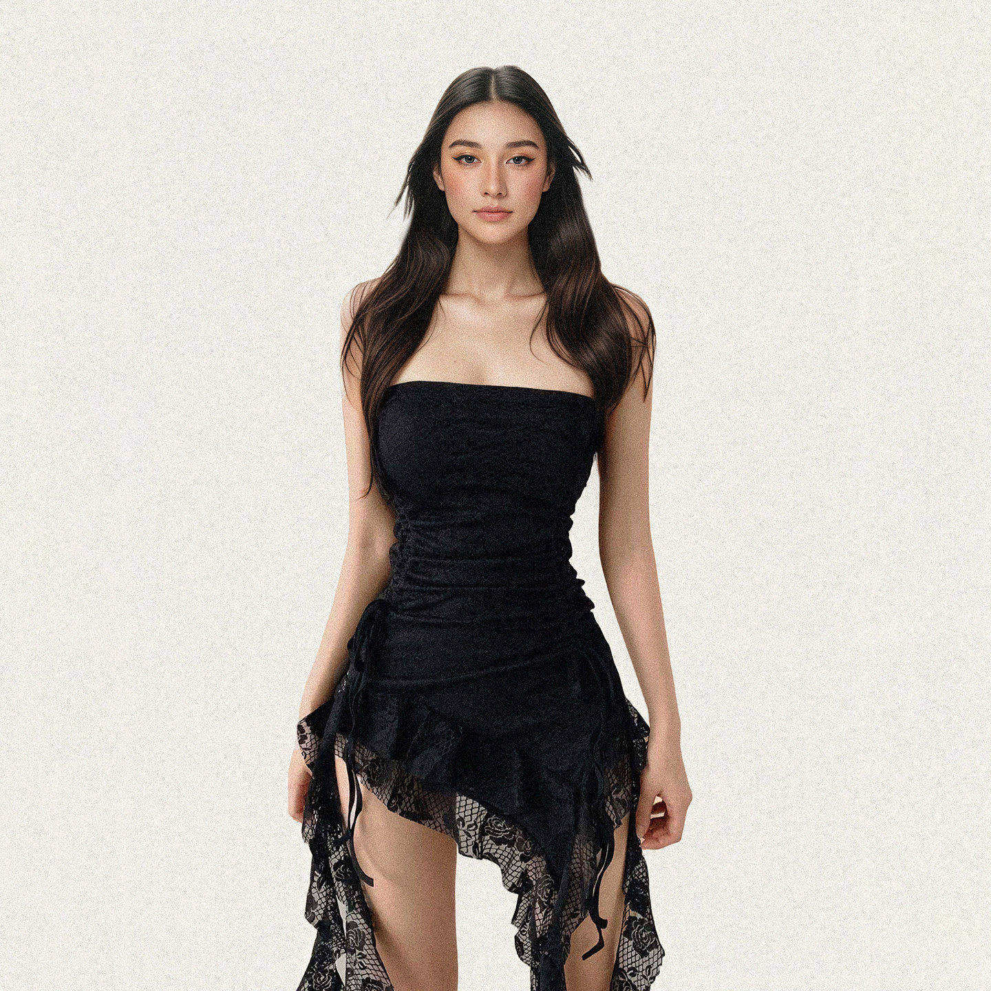 FUNOFF 复古黑色蕾丝不规则抹胸叠穿背心性感收腰飘带连衣超短裙