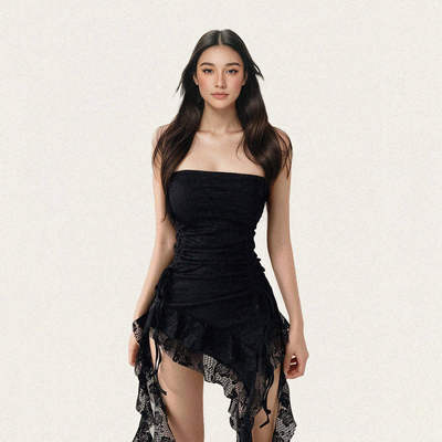 复古黑色蕾丝不规则抹胸叠穿背心