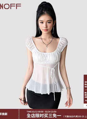 FUNOFF 法式bm风白色方领网纱蝴蝶结花边T恤简约少女感上衣
