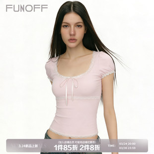 T恤夏简约纯欲修身 少女粉色蕾丝绑带圆领短袖 圆领上衣 法式 FUNOFF