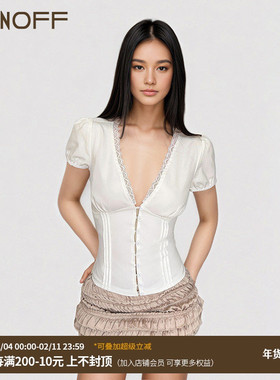 FUNOFF 法式bm风白色V领低胸泡泡袖衬衫性感蕾丝排扣收腰短袖上衣
