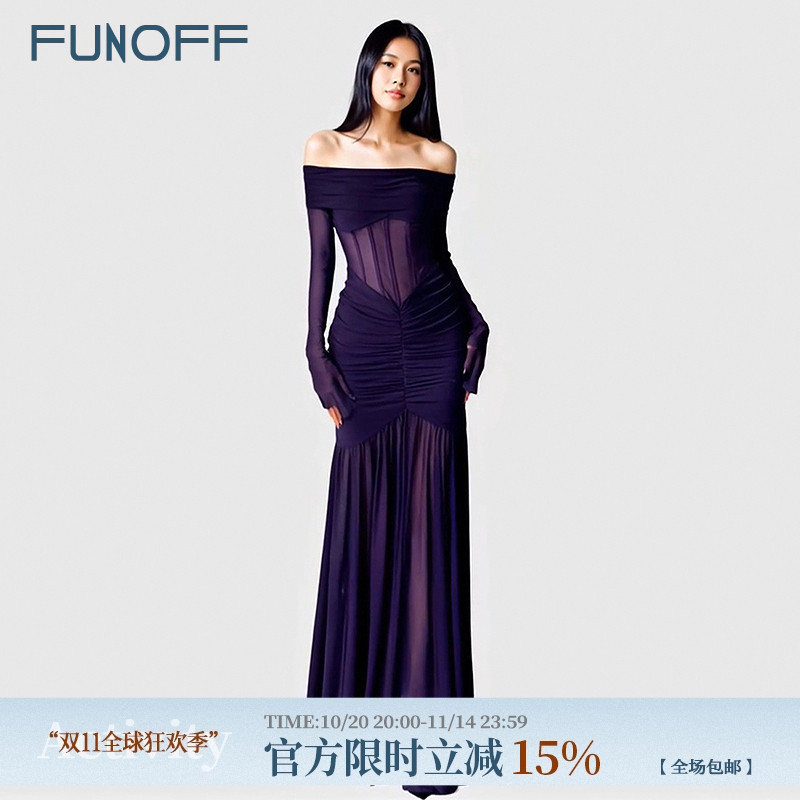 气质一字肩纯色鱼骨束腰鱼尾长裙