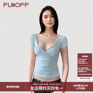 收腰上衣夏 T恤复古性感修身 FUNOFF 复古蓝色串珠交叉V领低胸短袖