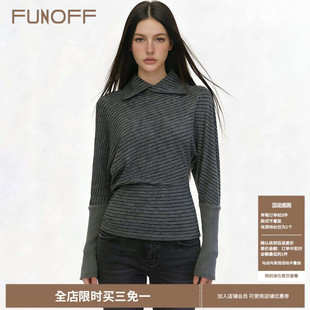 轻亚高领收腰打底上衣 复古灰色条纹拼接翻领蝙蝠长袖 FUNOFF 美式