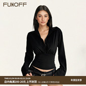 FUNOFF 25秋海妖风通勤收腰上衣 衬衫 美式 复古黑色排扣POLO领长袖