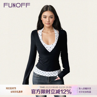 秋 复古黑白波点挂脖背心黑色深V低胸收腰上衣两件套装 FUNOFF 美式