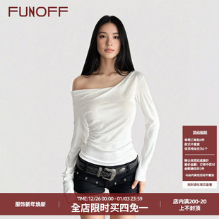T恤秋不规则露肩收腰百搭上衣女 简约白色斜肩荡领长袖 FUNOFF 美式