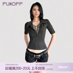 上衣 FUNOFF美式 学院风灰色假两件蕾丝POLO领短袖 衬衫 复古收腰短袖
