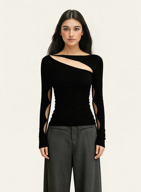 FUNOFF 美式街头黑色镂空修身圆领长袖T恤街舞爵士解构收腰上衣女