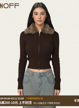 FUNOFF 美式复古棕色毛领菱格拉链毛织外套简约黑色翻领长袖上衣