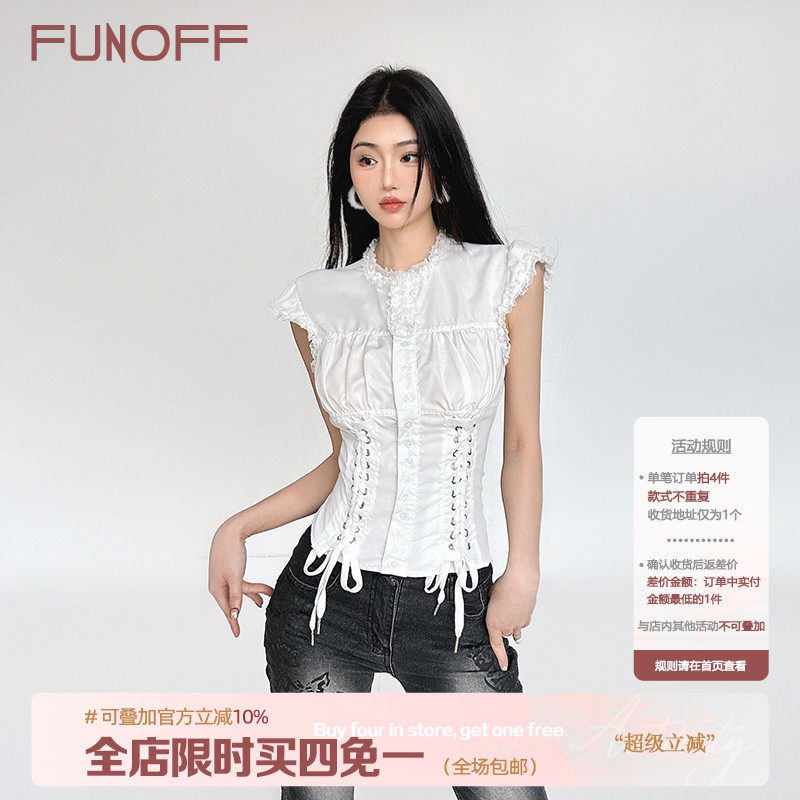 复古宫廷风花边绑带白色束腰衬衫