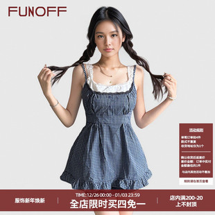 FUNOFF bm少女感格纹假两件吊带背心复古减龄叠穿花边上衣女 法式