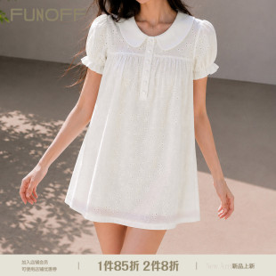 FUNOFF 法式少女白色镂空排扣娃娃领连衣裙甜美宽松泡泡袖A字短裙