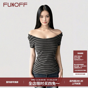T恤2025夏简约露肩圆领上衣 复古深灰色条纹一字肩短袖 FUNOFF 美式