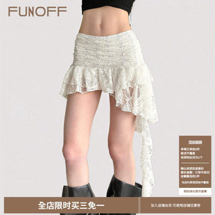 FUNOFF 复古白色蕾丝不规则飘带半身裙流浪风性感蛋糕短裙夏 法式