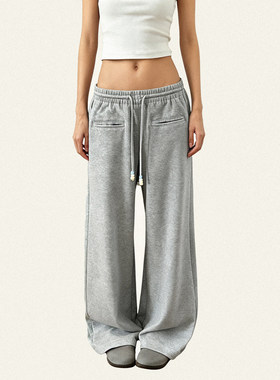 FUNOFF 美式简约灰色串珠腰绳直筒宽松卫裤女气质百搭显瘦遛弯裤