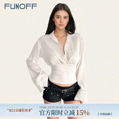 美式复古白色POLO领收腰长袖衬衫