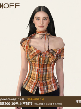 FUNOFF 美式复古橙黄色格纹翻领低胸衬衫古着感绑带收腰短袖上衣