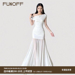 FUNOFF 海滩度假风白色斜肩网纱连衣裙性感露肩绿色收腰拖地长裙