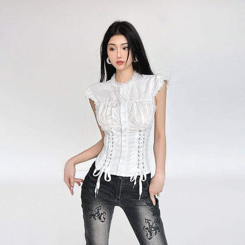 FUNOFF 南法庄园#复古宫廷风花边白色绑带束腰衬衫法式修身上衣女