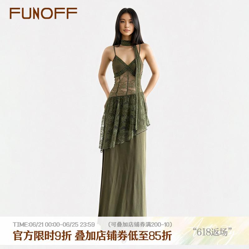 FUNOFF 古着感vintage绿色蕾丝吊带连衣裙复古收腰围脖不规则长裙