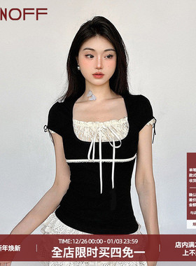 FUNOFF 法式方领撞色蝴蝶结蕾丝黑色短袖上衣甜美方领修身T恤女夏