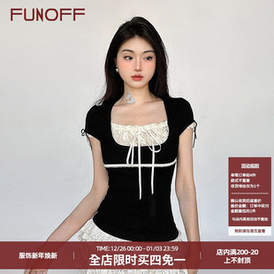 上衣甜美方领修身 方领撞色蝴蝶结蕾丝黑色短袖 T恤女夏 法式 FUNOFF