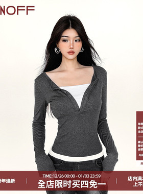 FUNOFF 美式复古灰色纽扣撞色假两件长袖T恤秋简约紫色收腰上衣女