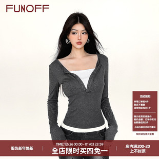 T恤秋简约紫色收腰上衣女 复古灰色纽扣撞色假两件长袖 FUNOFF 美式