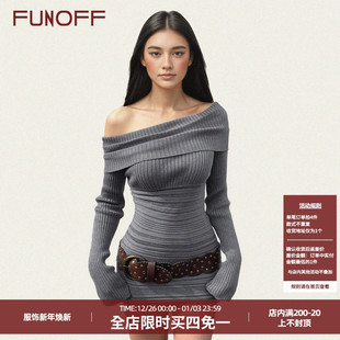 毛织连衣裙性感一字肩收腰包臀短裙 复古灰色斜肩长袖 FUNOFF 美式