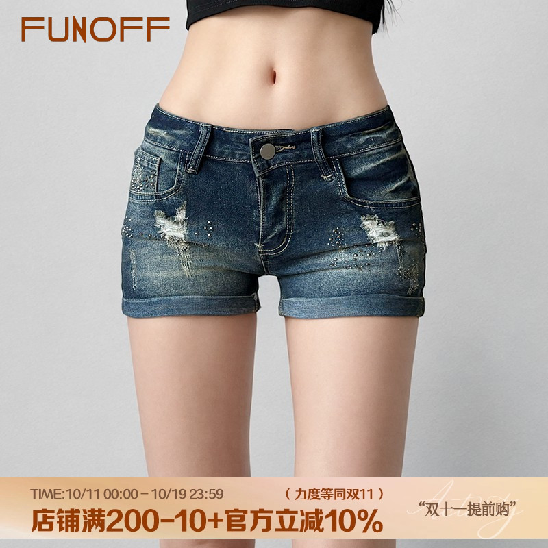FUNOFF 美式复古低腰洗水破洞牛仔短裤辣妹磨白烫钻口袋显瘦热裤
