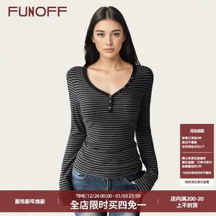 T恤秋简约百搭收腰显瘦上衣女 复古深灰色条纹V领长袖 FUNOFF 美式